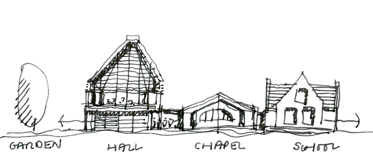 Concept sketch illustrating the relationship between the new hall and its context