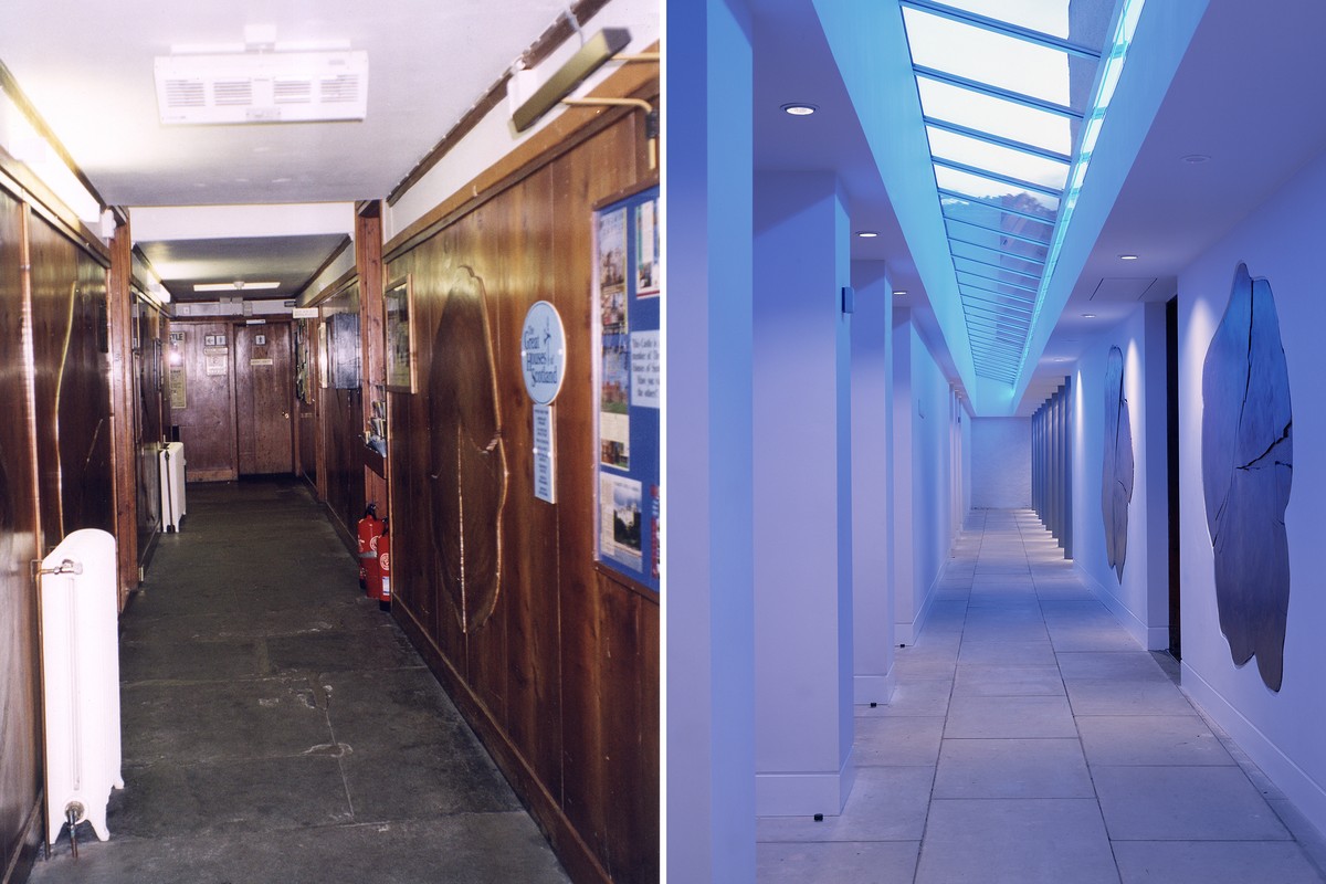 Views of the toplit corridor before and after the work