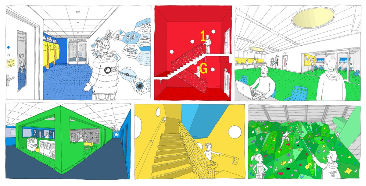 Concept sketches illustrating the use of vibrant colours to sustain the crew's wellbeing