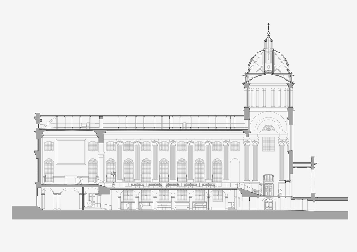 Section showing the new welcome space within the Undercroft and the conserved Painted Hall above