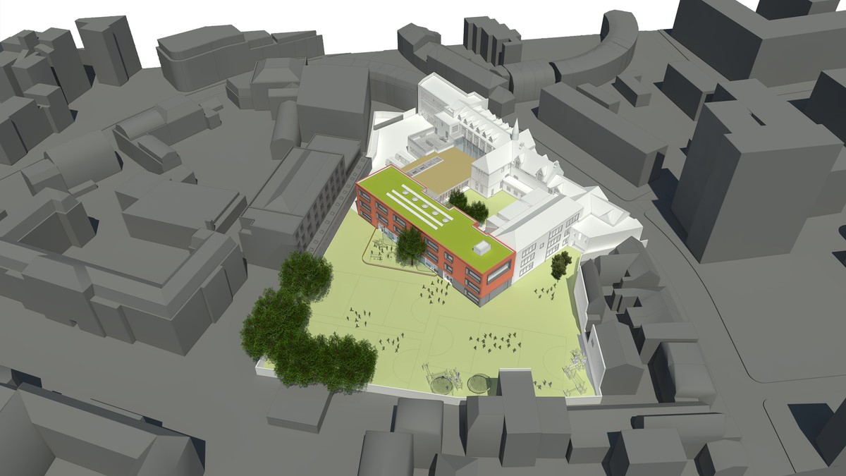 Aerial CGI showing the Lower School Block and external play facilities