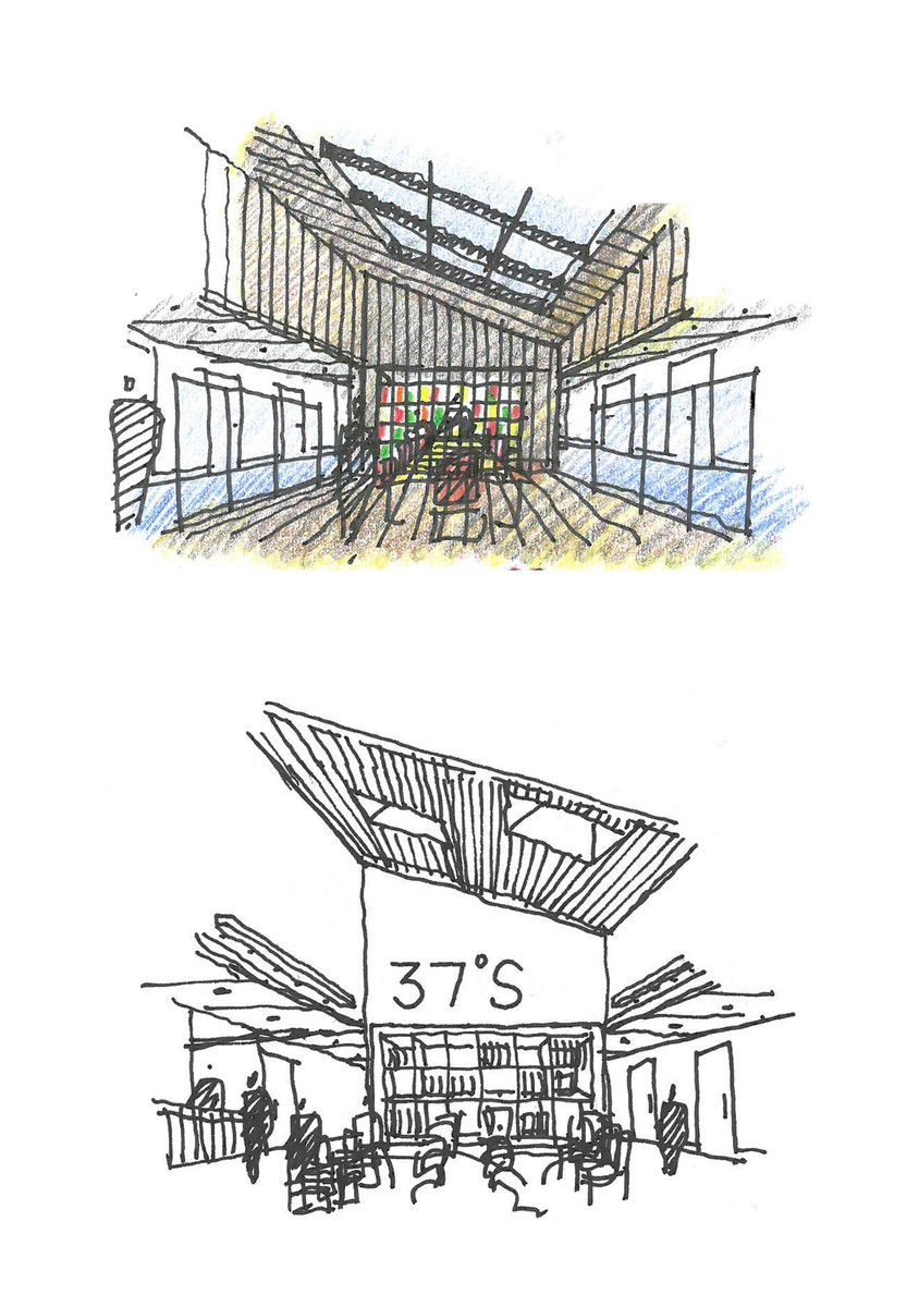 Concept sketches for the family room (above) and the waiting area (below)